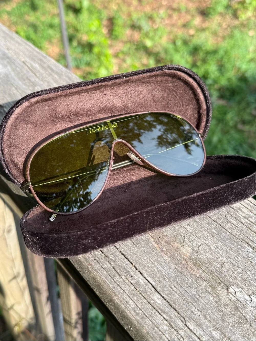 Tom Ford Gold-Trim Olive Gradient Shield Sunglasses